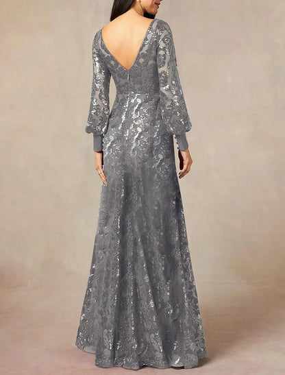 A-Line Mother of the Bride Dress Formal Wedding Guest Elegant Jewel Neck Floor Length Chiffon Sequined Long Sleeve