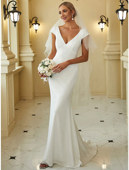 Reception Casual Wedding Dresses Mermaid / Trumpet V Neck Cap Sleeve Sweep / Brush Train Bridal Gowns With Draping Solid Color