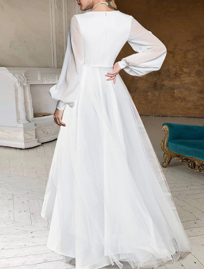 Bridal Shower Wedding Dresses Little White Dresses Simple A-Line V Neck Long Sleeve Asymmetrical Chiffon Bridal Gowns