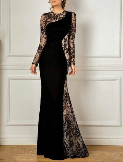 Mermaid / Trumpet Mother of the Bride Dress Wedding Guest Elegant Black Dress Party Jewel Neck Floor Length Lace Velvet Long Sleeve No