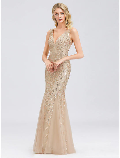 Mermaid / Trumpet Sparkle Sexy Prom Formal Evening Valentine's Day Dress V Neck V Back Sleeveless Floor Length Tulle