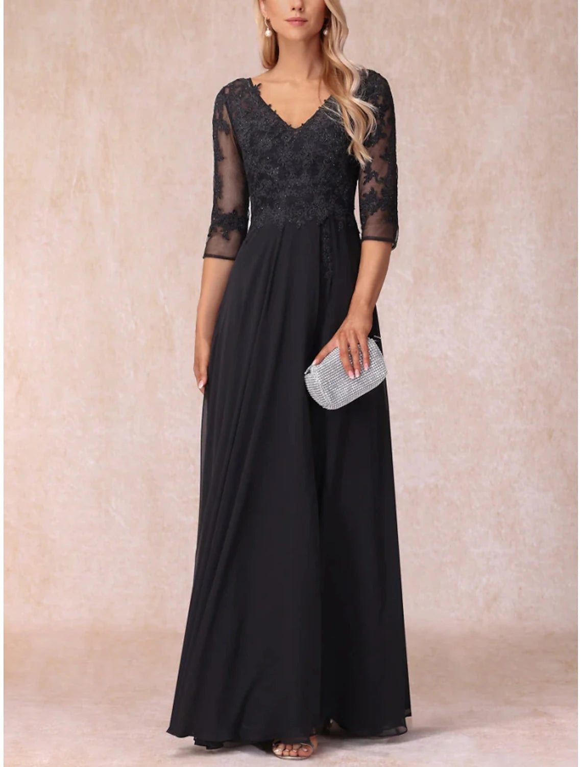 A-Line Mother of the Bride Dress Wedding Guest Elegant V Neck Floor Length Chiffon Lace 3/4 Length Sleeve