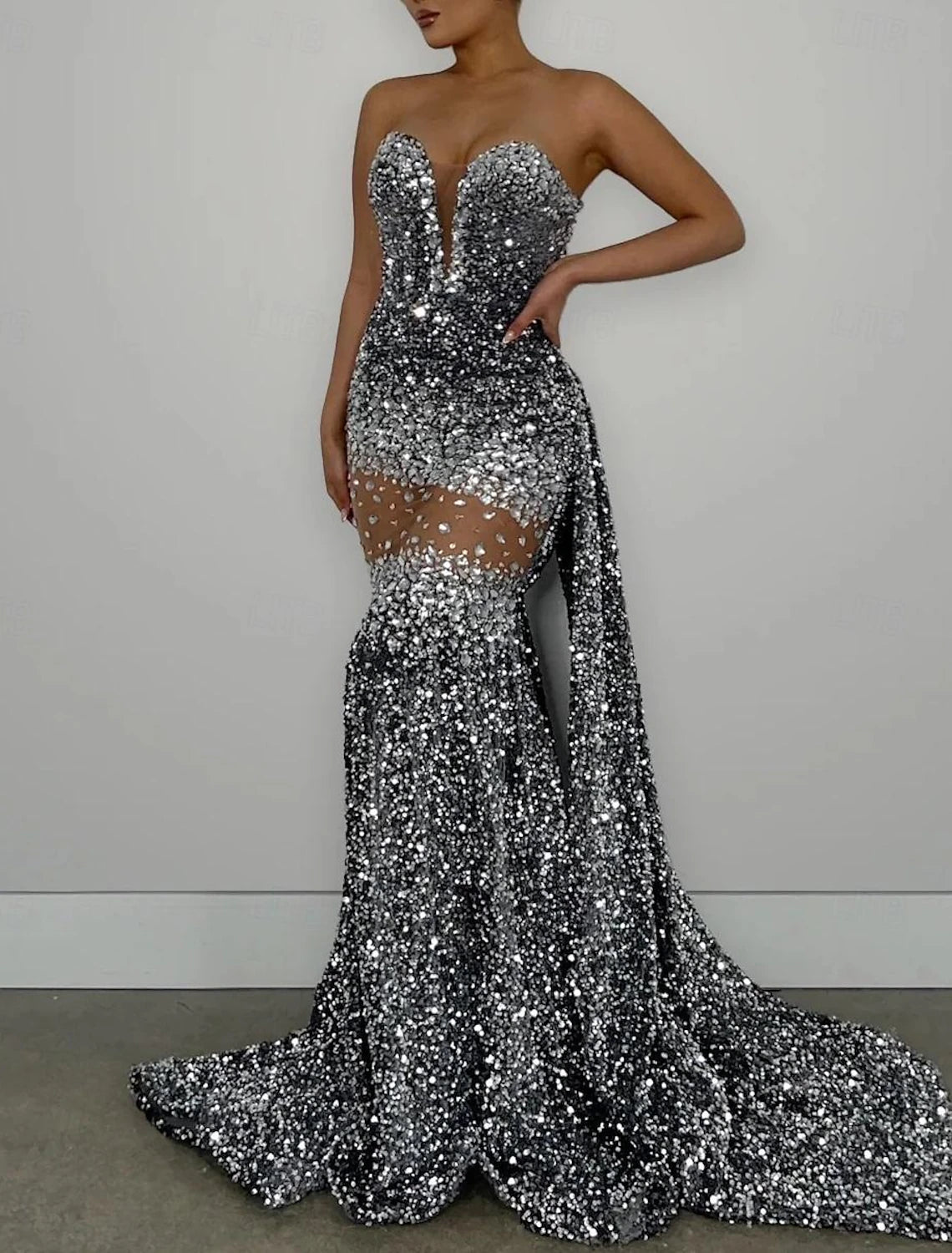 Mermaid Evening Gown Sparkle Prom Dress Carnival Formal Court Train Sleeveless Strapless African American Sequined