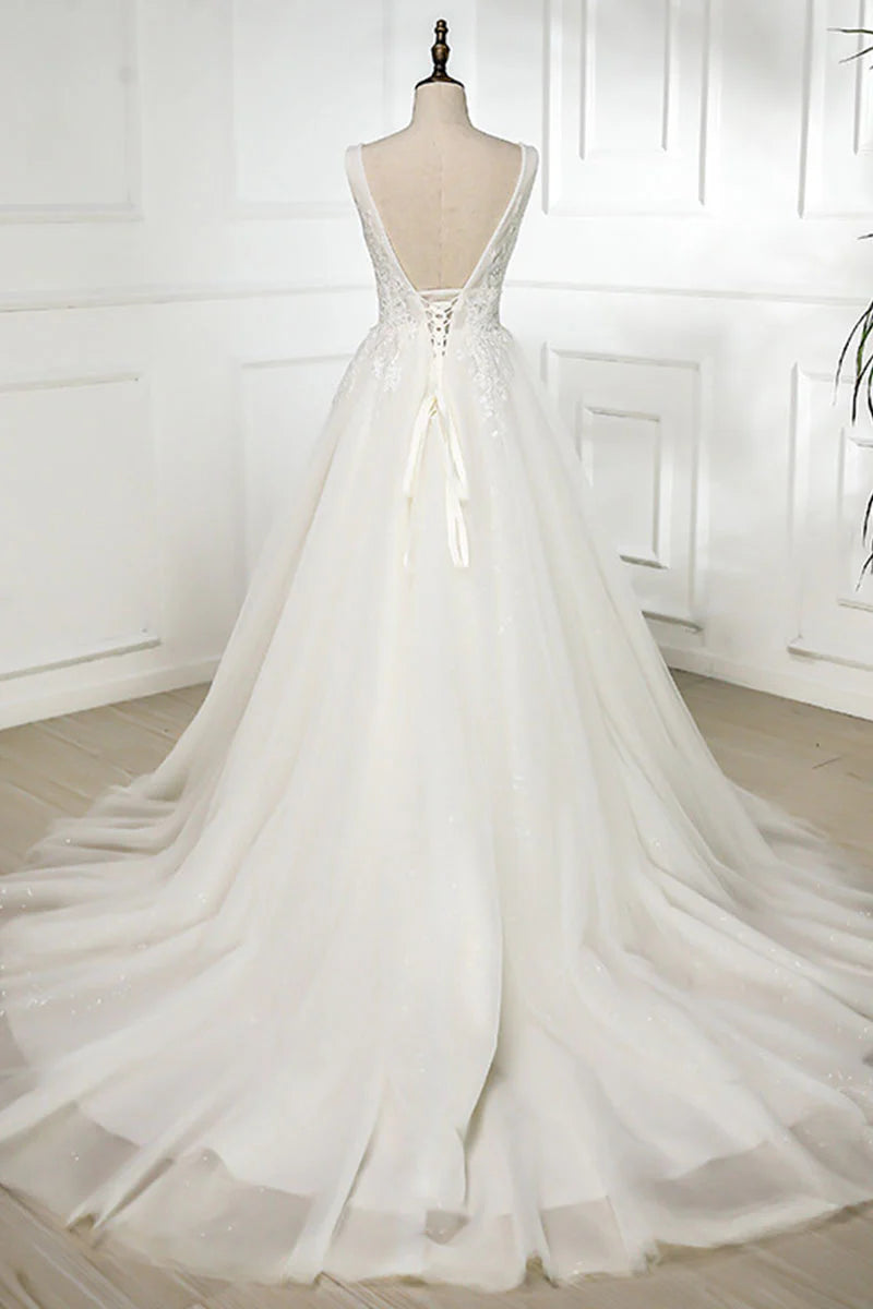 White v neck lace tulle long prom Wedding Dresses