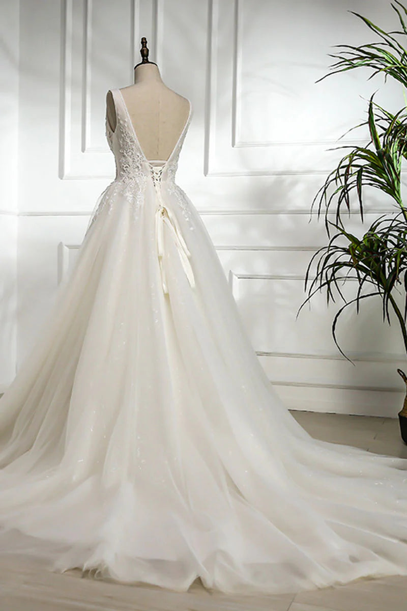 White v neck lace tulle long prom Wedding Dresses