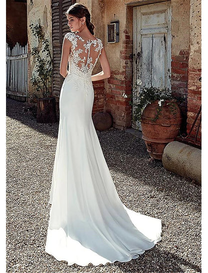 Beach Open Back Wedding Dresses Court Train Mermaid / Trumpet Cap Sleeve Illusion Neck Chiffon With Appliques