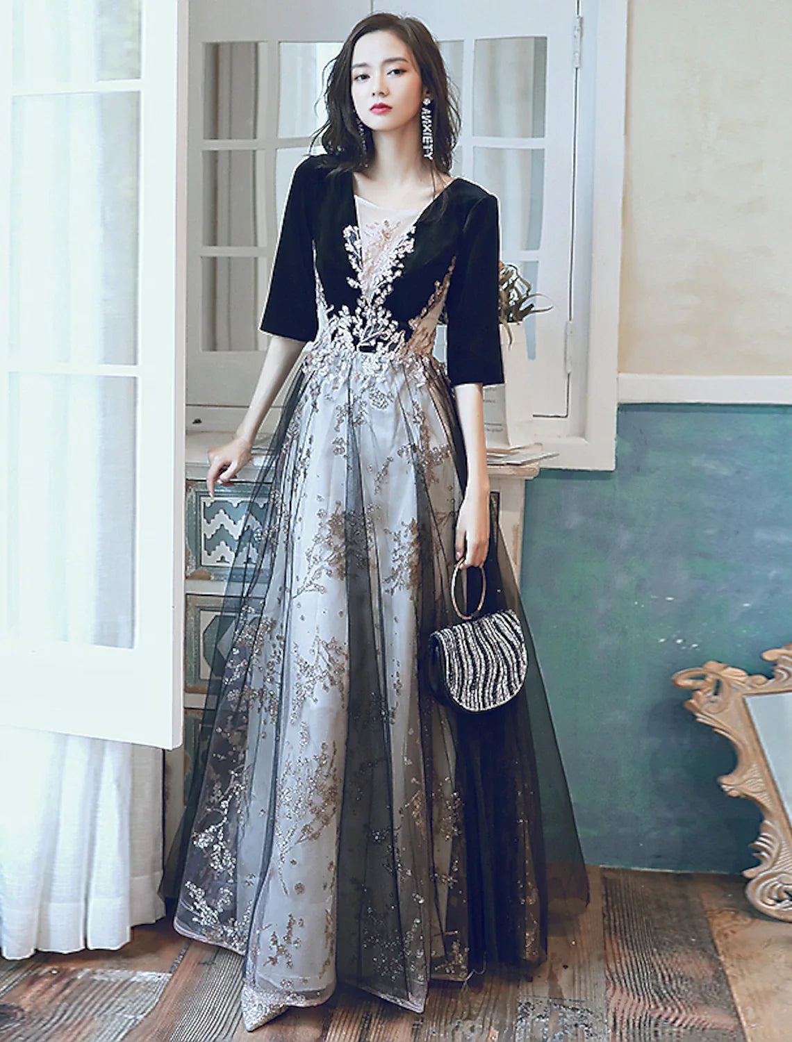 Evening Dress Illusion Neck Half Sleeve Floor Length Velvet with Sequin Appliques