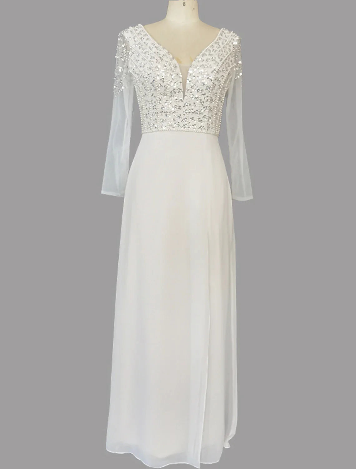 Evening Gown Glittering Dress Engagement Sweep / Brush Train Short Sleeve V Neck Chiffon with Sequin Slit