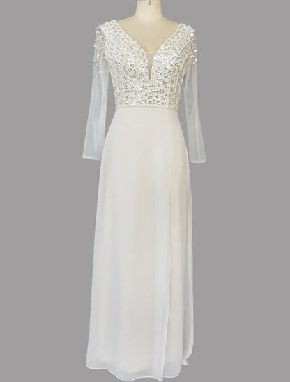 Evening Gown Glittering Dress Engagement Sweep / Brush Train Short Sleeve V Neck Chiffon with Sequin Slit