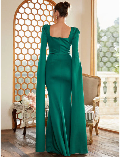 Evening Gown Elegant Dress Formal Fall Floor Length Long Sleeve Square Neck Stretch Fabric with Pleats