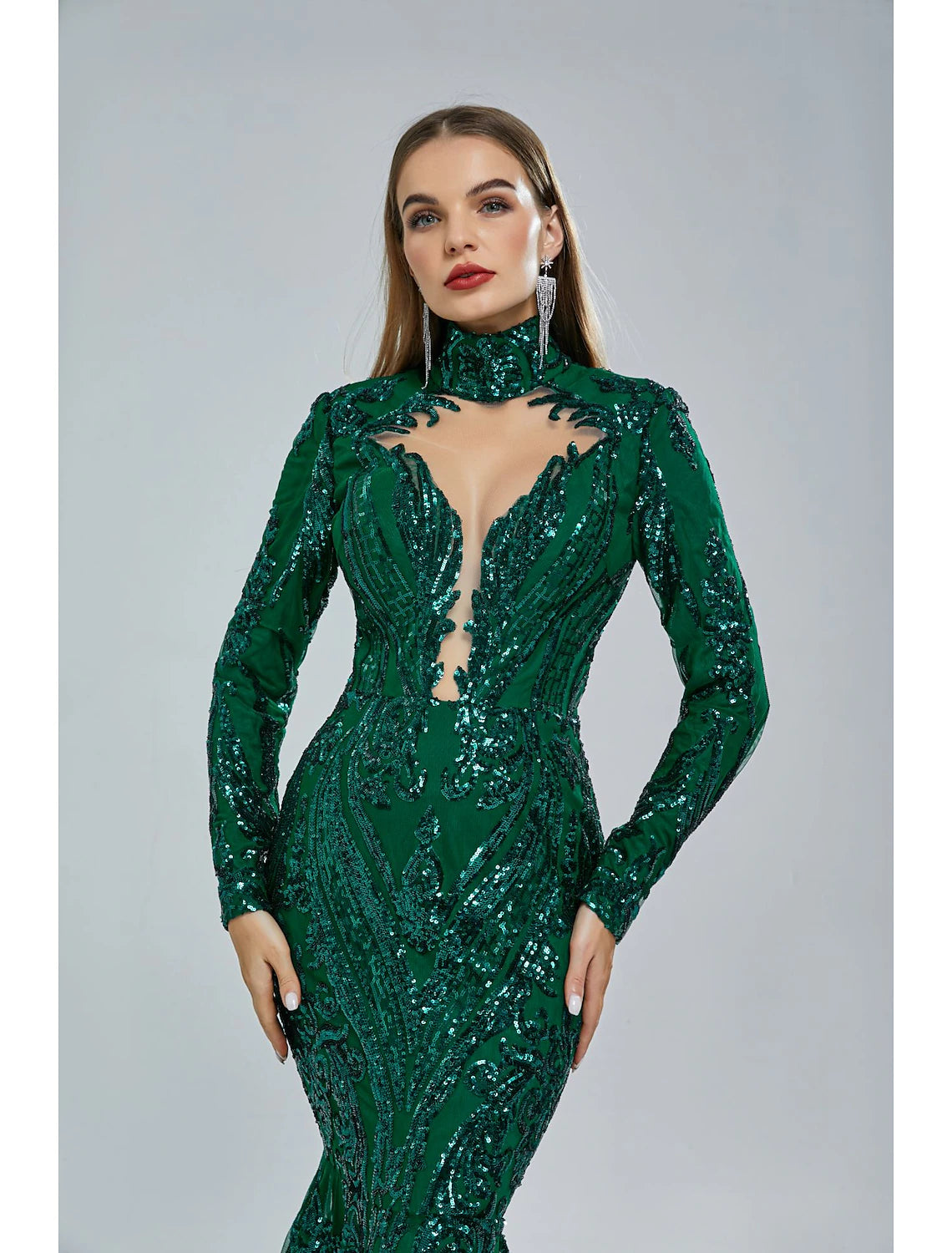 Mermaid Party Dress Evening Gown Sparkle & Shine Dress Carnival Engagement Court Train Long Sleeve Stand Collar Lace