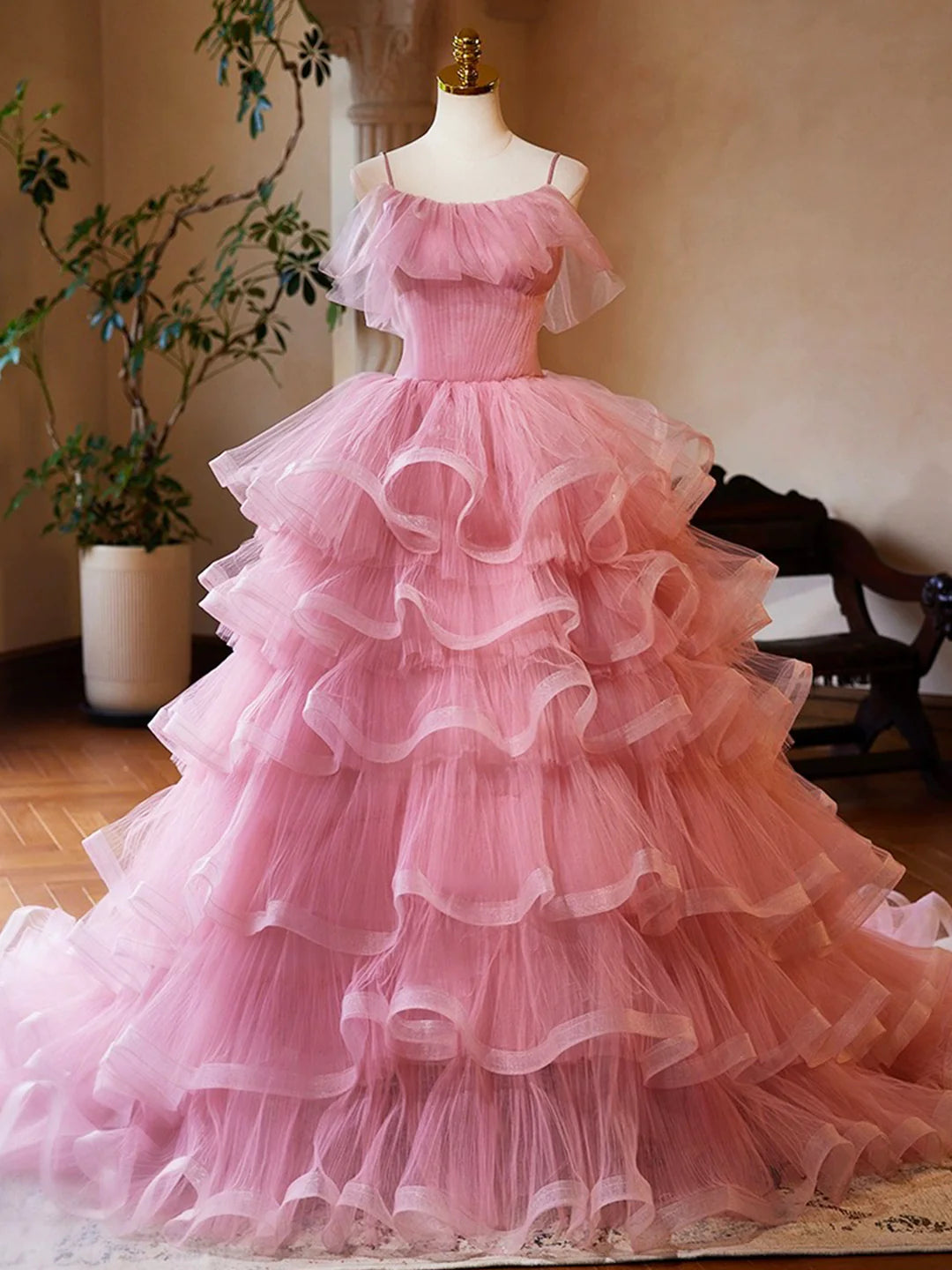 Pink Tulle Layers Long A-Line Prom Dress