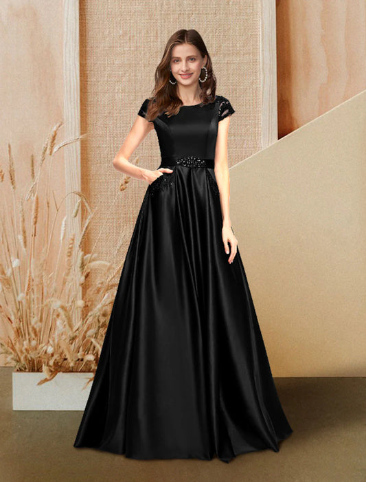 Evening Gown Luxurious Dress Wedding Guest Engagement Floor Length Short Sleeve Jewel Neck Pocket Satin with Beading Lace Insert Pocket