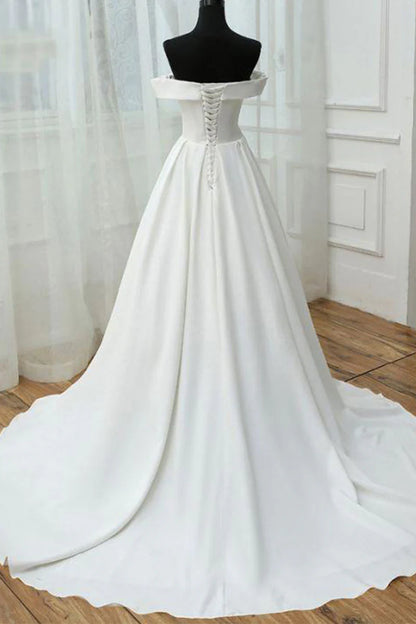 Simple white satin long prom dress Wedding Dresses