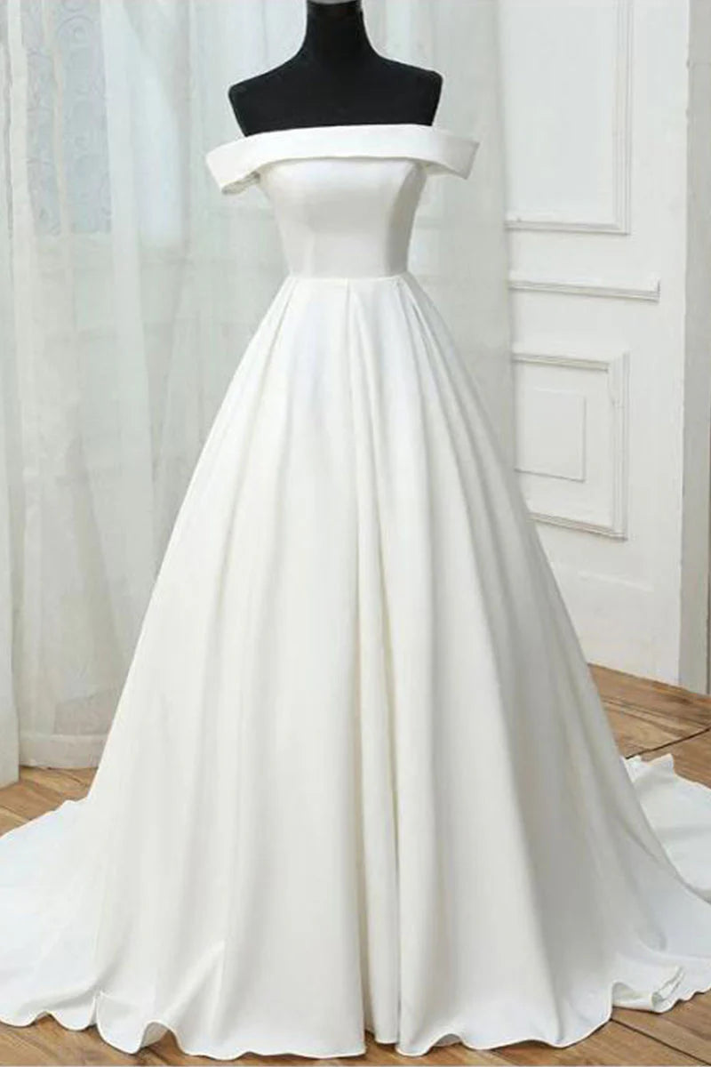 Simple white satin long prom dress Wedding Dresses