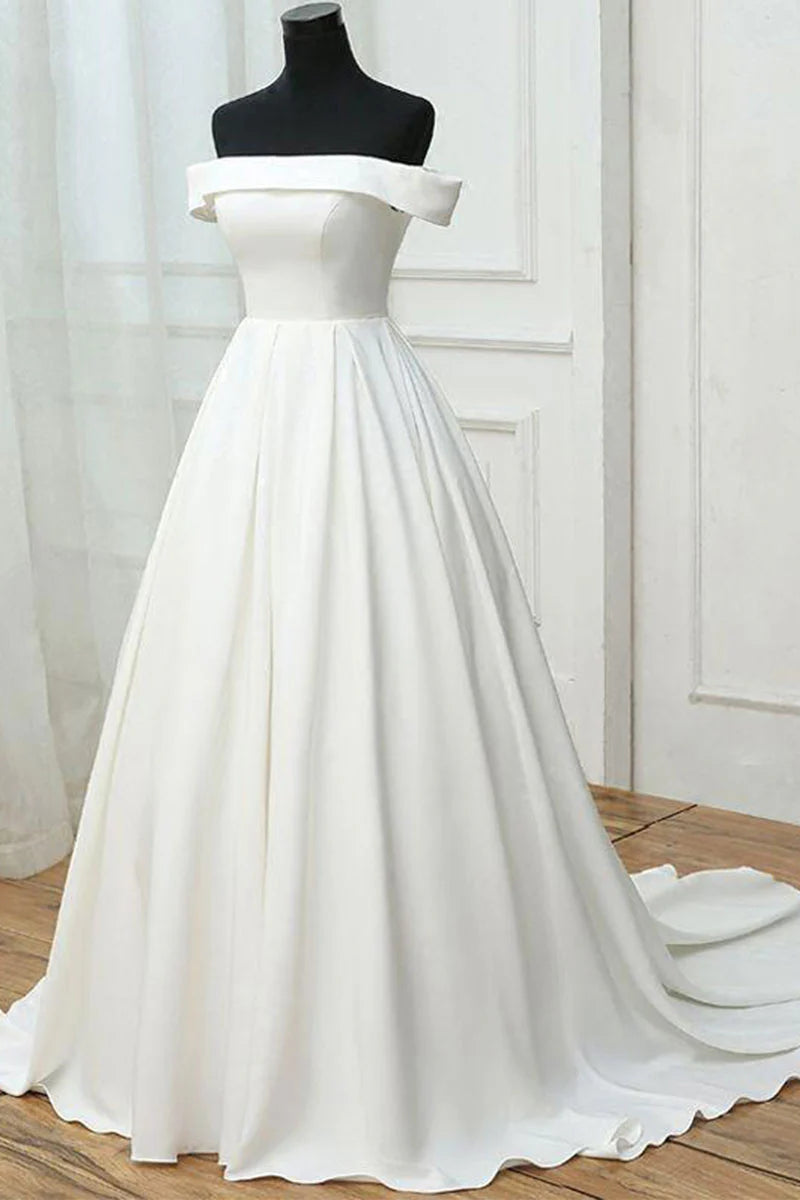 Simple white satin long prom dress Wedding Dresses