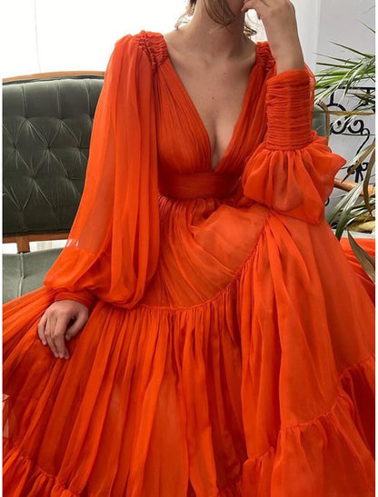 A-Line Evening Gown Elegant Dress Formal Wedding Guest Floor Length Long Sleeve V Neck Chiffon