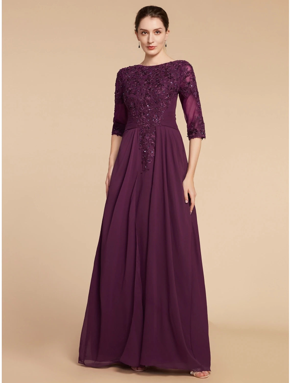 Sheath / Column Mother of the Bride Dress Wedding Guest Elegant Scoop Neck Floor Length Chiffon Lace Half Sleeve