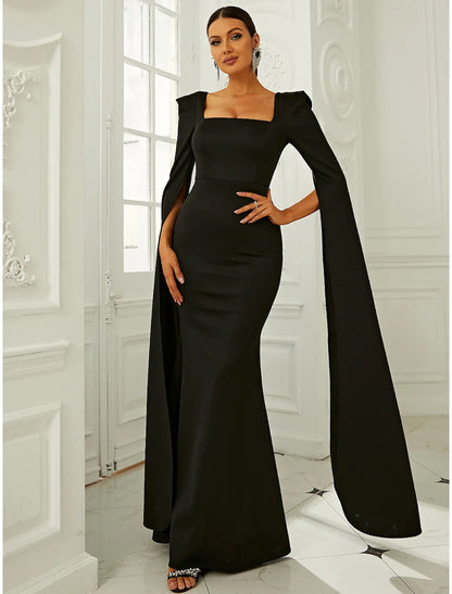 Evening Gown Elegant Dress Formal Fall Floor Length Long Sleeve Square Neck Stretch Fabric with Pleats