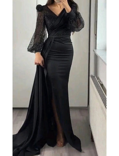 Mermaid Evening Dress Champagne Gown Sparkle Sequin Dress Formal Black Tie Floor Length Long Sleeve V Neck Satin