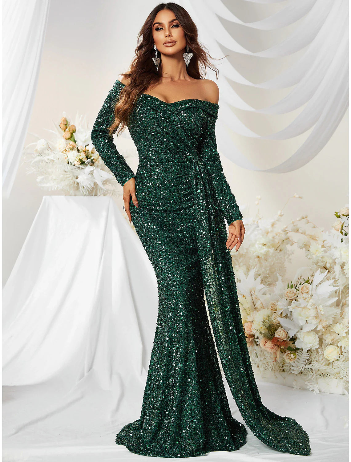 Evening Gown Sparkle & Shine Dress Formal Cocktail Party Sweep / Brush Train Long Sleeve Off Shoulder Polyester with Sequin