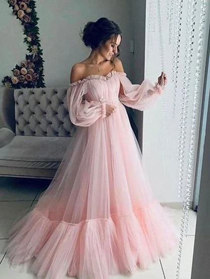 A-Line Minimalist Elegant Engagement Prom Dress Off Shoulder Long Sleeve Floor Length Tulle with Pleats Appliques