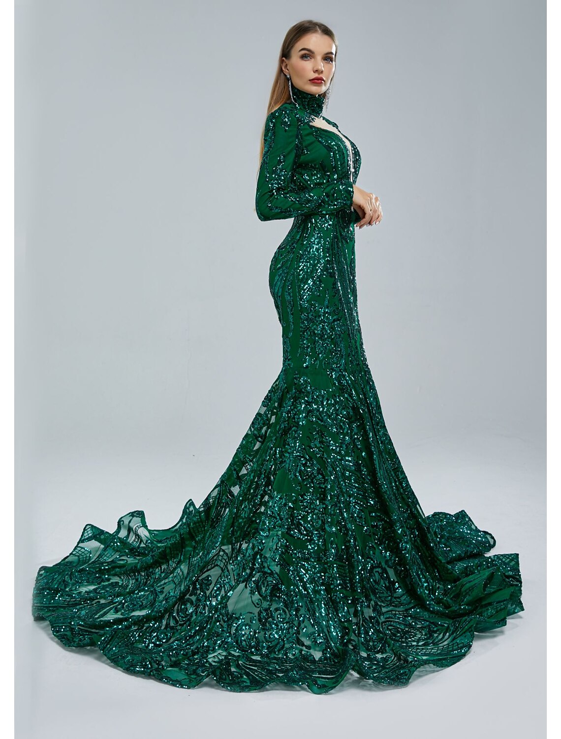 Mermaid Party Dress Evening Gown Sparkle & Shine Dress Carnival Engagement Court Train Long Sleeve Stand Collar Lace