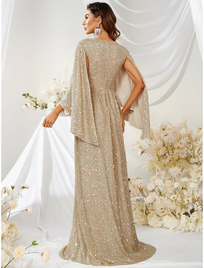 Evening Gown Sparkle & Shine Dress Formal Sweep / Brush Train Long Sleeve V Neck Capes Polyester with Sequin