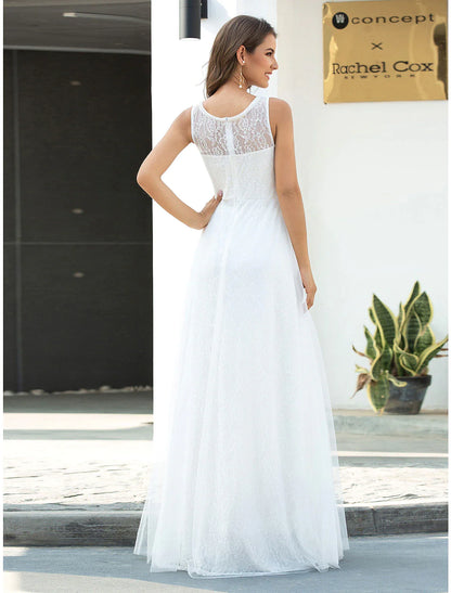 Beach Wedding Dresses Floor Length A-Line Sleeveless Scoop Neck Lace With Lace