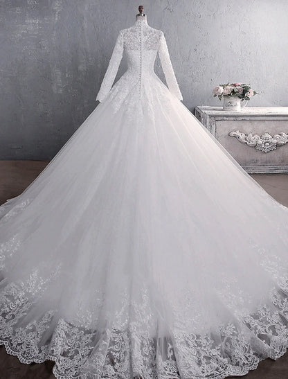 Engagement Formal Wedding Dresses Ball Gown High Neck Long Sleeve Court Train Lace Bridal Gowns With Appliques