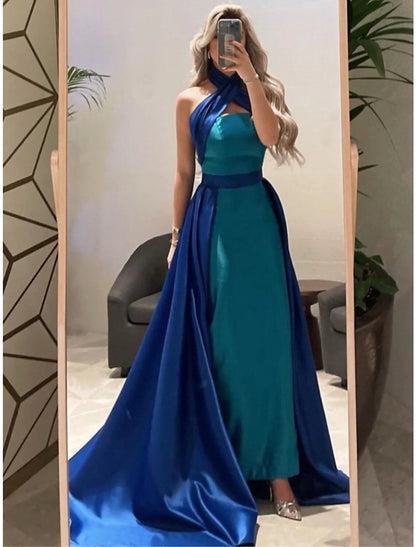 Evening Gown Elegant Dress Formal Court Train Sleeveless Halter Neck Satin with Pleats