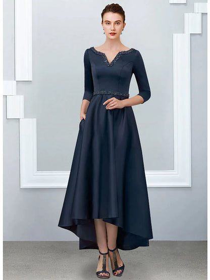 A-Line Mother of the Bride Dress Elegant High Low V Neck Asymmetrical Ankle Length Satin Half Sleeve with Pleats