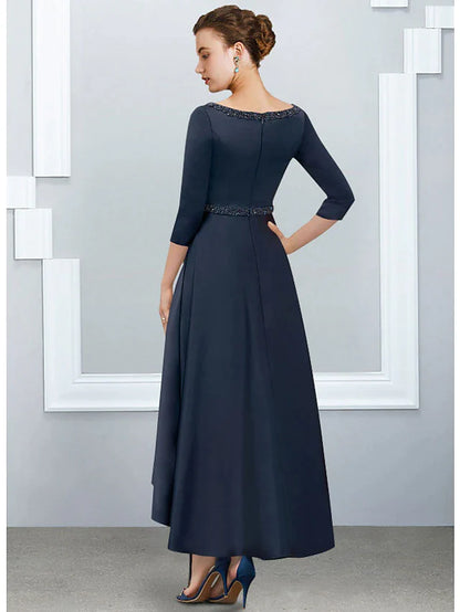 A-Line Mother of the Bride Dress Elegant High Low V Neck Asymmetrical Ankle Length Satin Half Sleeve with Pleats