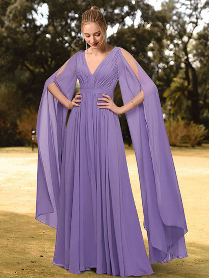 Evening Gown Empire Dress Wedding Guest Floor Length Long Sleeve V Neck Chiffon with Pleats Pure Color