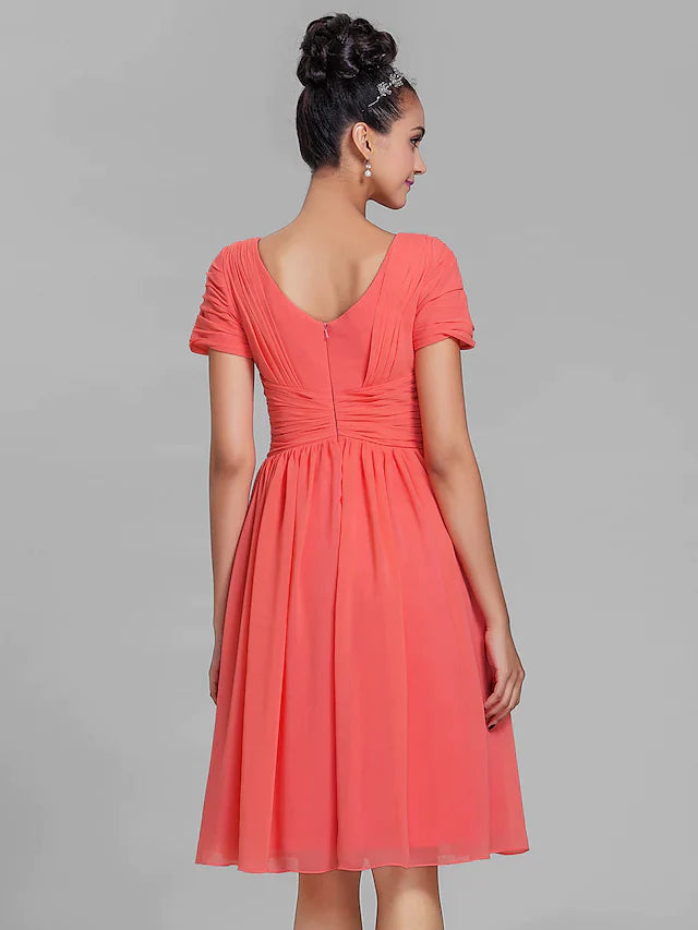 Bridesmaid Dress Short Sleeve Vintage Inspired Knee Length Chiffon