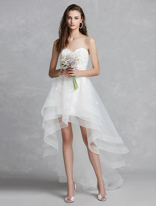 Reception Little White Dresses Wedding Dresses A-Line Sweetheart Strapless Asymmetrical Lace Bridal Gowns With Appliques