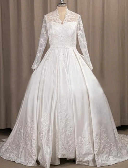 Engagement Formal Wedding Dresses A-Line Illusion Neck Long Sleeve Court Train Satin Bridal Gowns With Pleats Appliques