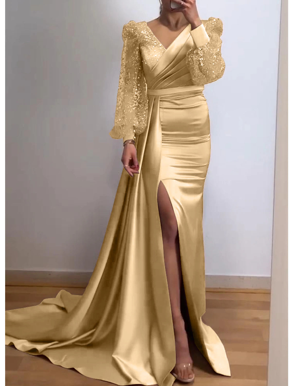 Mermaid Evening Dress Champagne Gown Sparkle Sequin Dress Formal Black Tie Floor Length Long Sleeve V Neck Satin