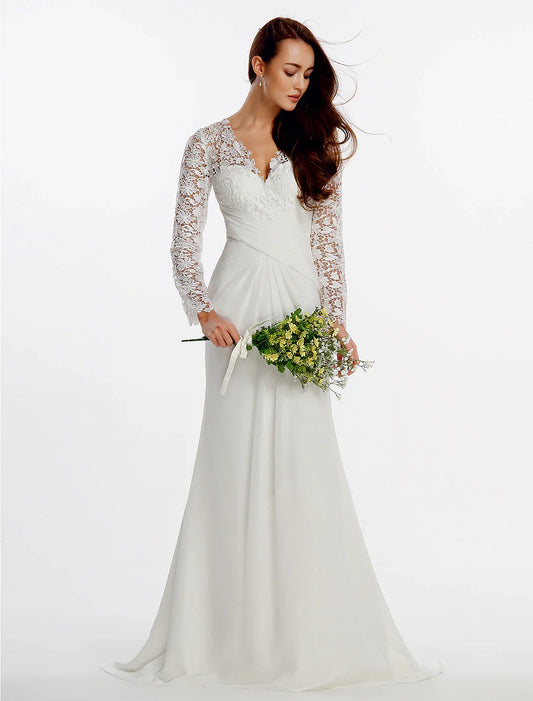 Beach Boho Wedding Dresses Sheath / Column V Neck Long Sleeve Sweep / Brush Train Chiffon Bridal Gowns With Lace Buttons