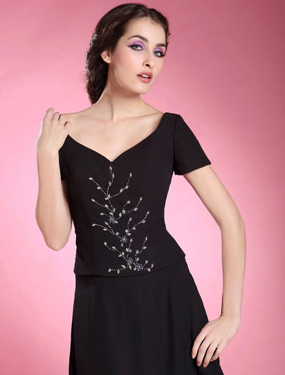 Evening Floor Length Short Sleeve V Neck Chiffon with Beading Ruffles