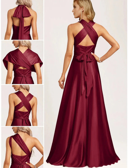 A-Line Bridesmaid Dress Halter Neck Sleeveless Elegant Floor Length Satin with Split Front / Ruching