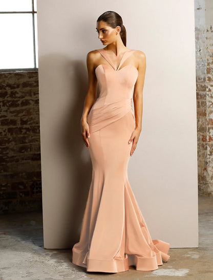 Evening Birthday Dress Halter Neck Sleeveless Floor Length Stretch Satin with Ruched