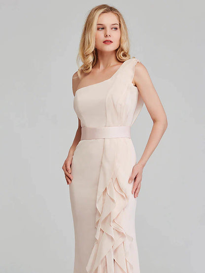 Sheath / Column Bridesmaid Dress One Shoulder Sleeveless Elegant Long Length Chiffon