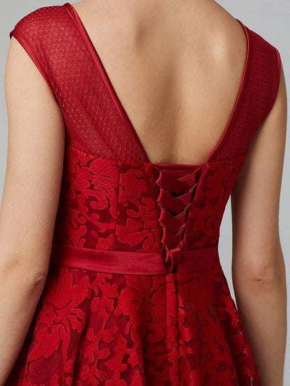 Cocktail Party Tea Length Sleeveless Illusion Neck All Over Floral Lace with Pleats