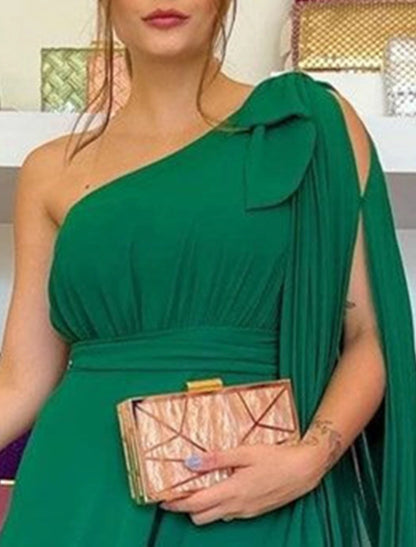 A-Line Prom Gown Party Dress Elegant Dress Formal Wedding Guest Sweep / Brush Train Sleeveless One Shoulder Capes Chiffon