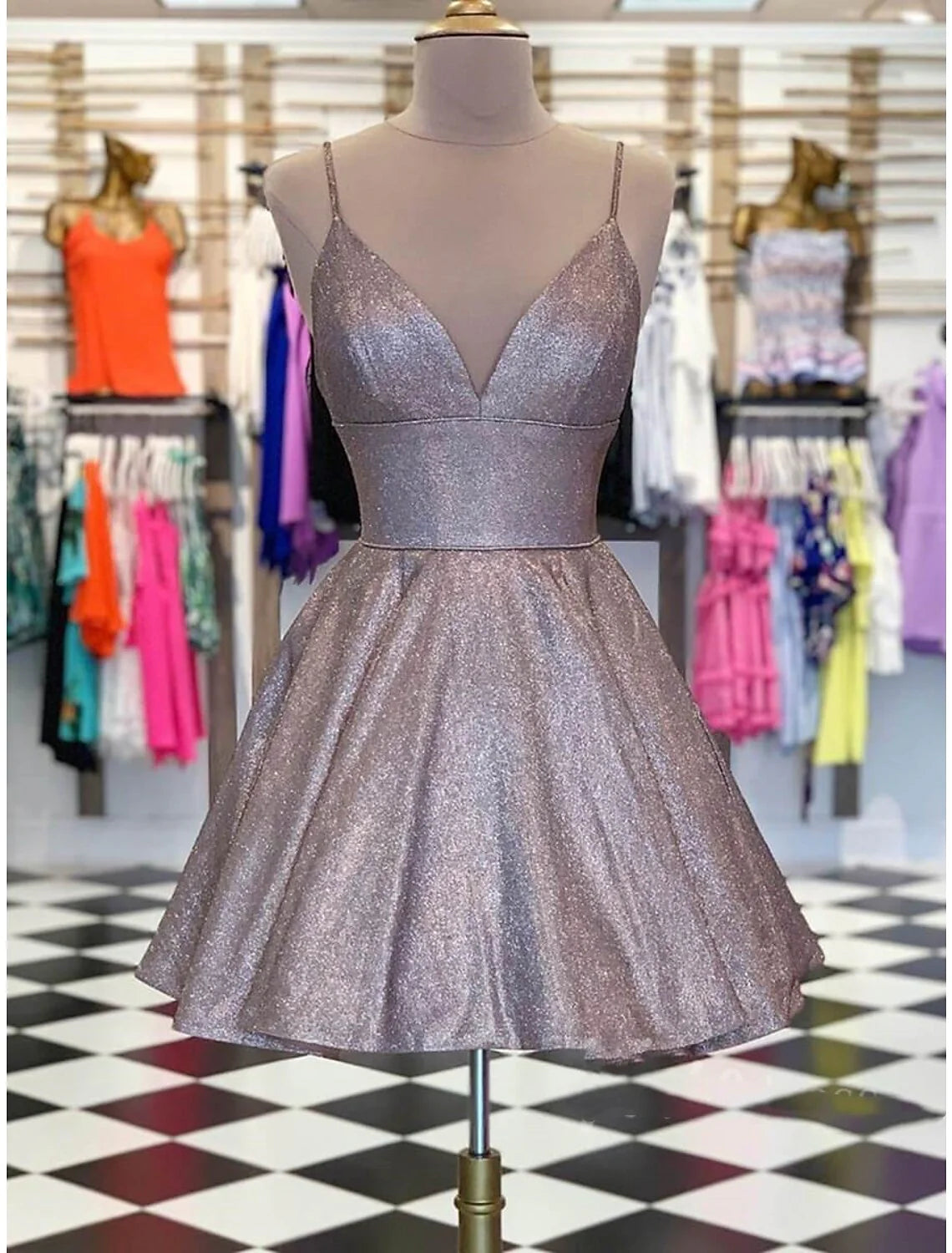 A-Line Homecoming Dresses Sparkle & Shine Dress Holiday Short / Mini Sleeveless Spaghetti Strap Pocket Lurex Fabric