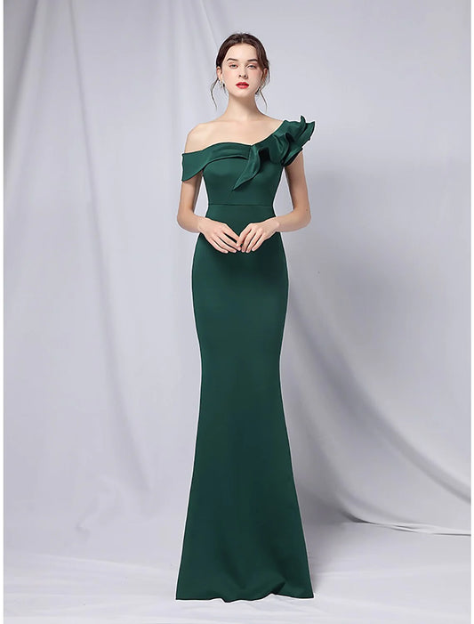 Evening Gown Empire Dress Wedding Guest Floor Length Short Sleeve One Shoulder Stretch Satin with Ruffles