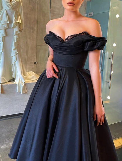 A-Line Evening Vintage Dress Masquerade Wedding Party Tea Length Short Sleeve Off Shoulder Fall Wedding Guest Satin