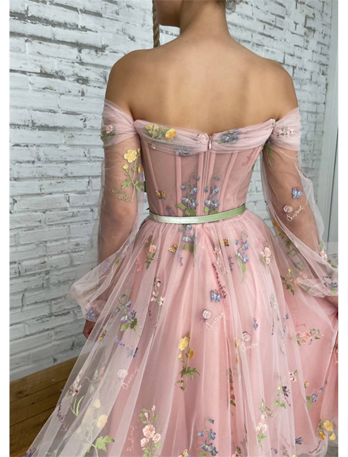 A-Line Prom Dresses Floral Dress Birthday Garden Party Ankle Length Long Sleeve Off Shoulder Fall Wedding Guest Lace