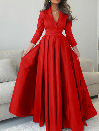 Satin A-Line Evening Gown Green Elegant Dress Formal Champagne Red Green Dress Floor Length 3/4 Length Sleeve V Neck